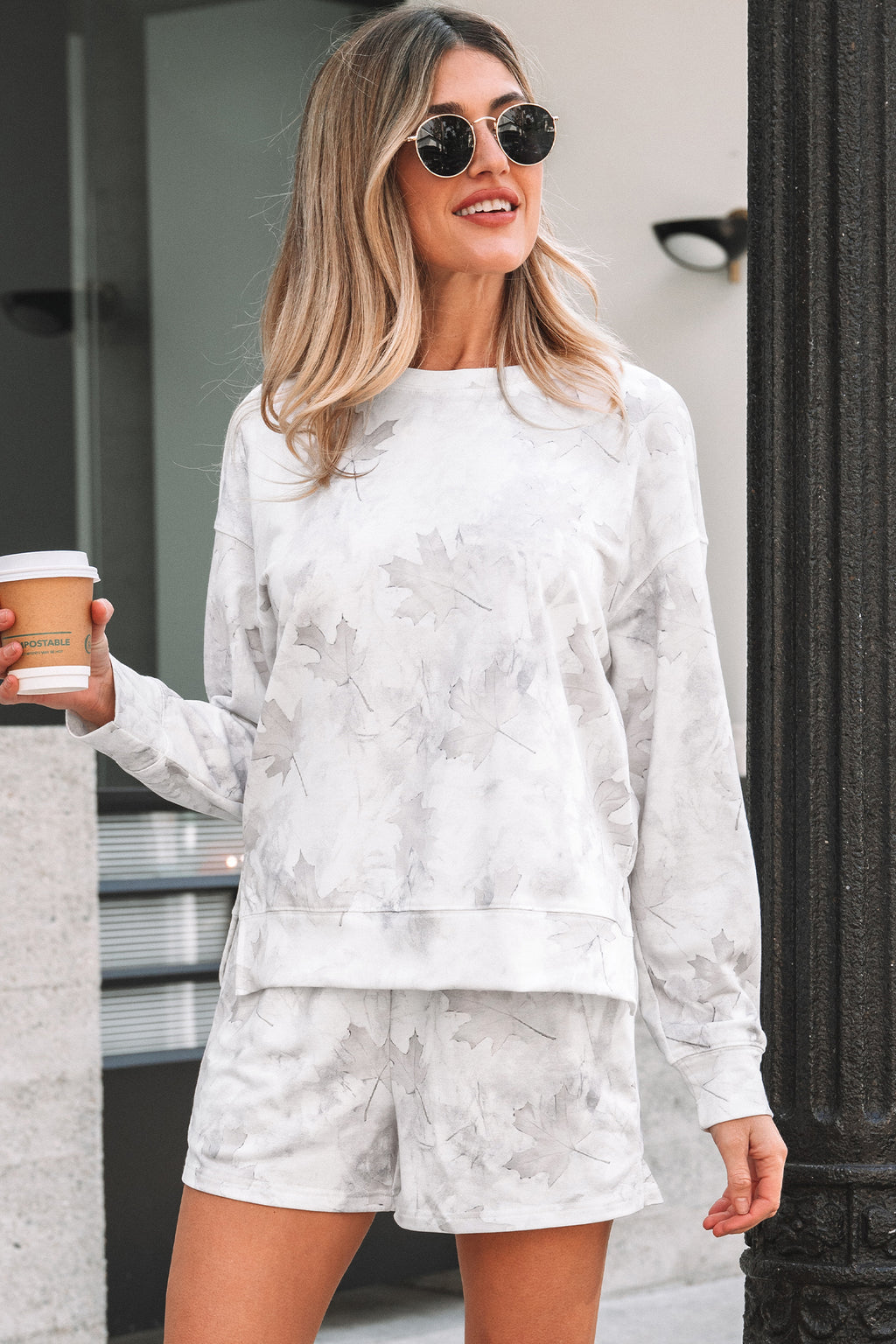 Beige Maple Camo Print Pullover Top and Elastic Waist Casual Short Set
