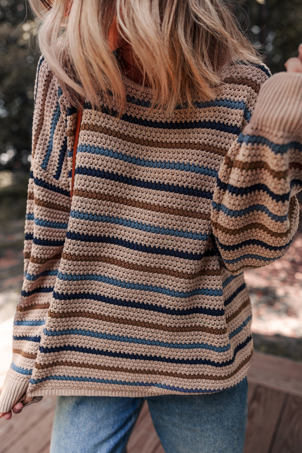 Multicolour Striped Knitted Drop Shoulder Round Neck Sweater