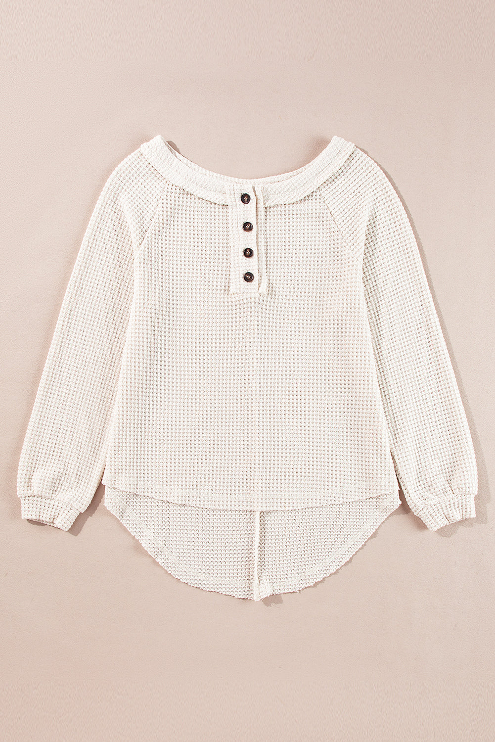 Oatmeal Waffle Knit Buttoned Front Raglan Sleeve Loose Blouse