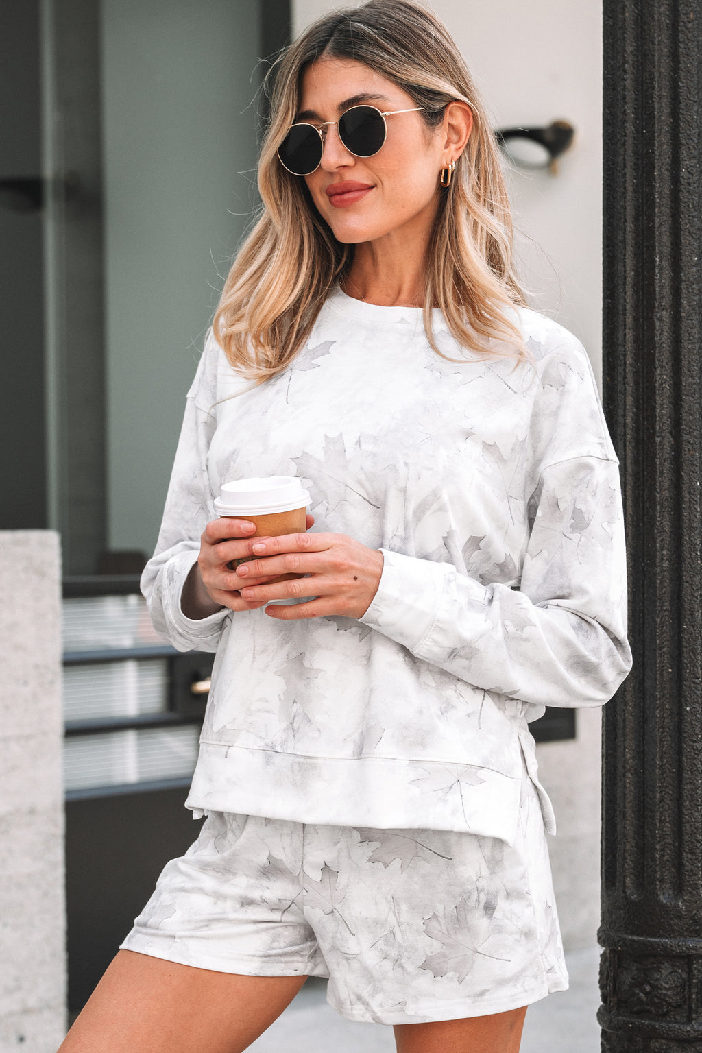 Beige Maple Camo Print Pullover Top and Elastic Waist Casual Short Set